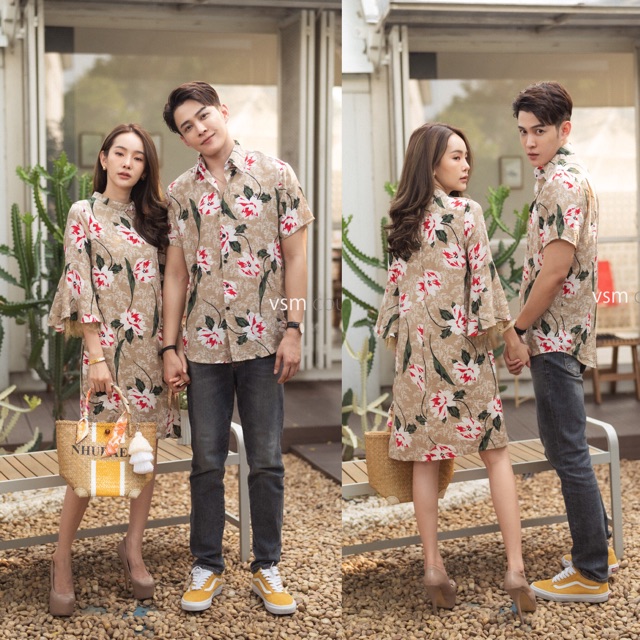 🏷️Vsm Couple #3434 เดรสทรงปล่อย+เชิ้ต ชุดคู่รัก ชุดคู่ไปทะเล ชุดคู่ออกงาน ชุดสีน้ำตาล ชุดไปเที่ยว ชุ