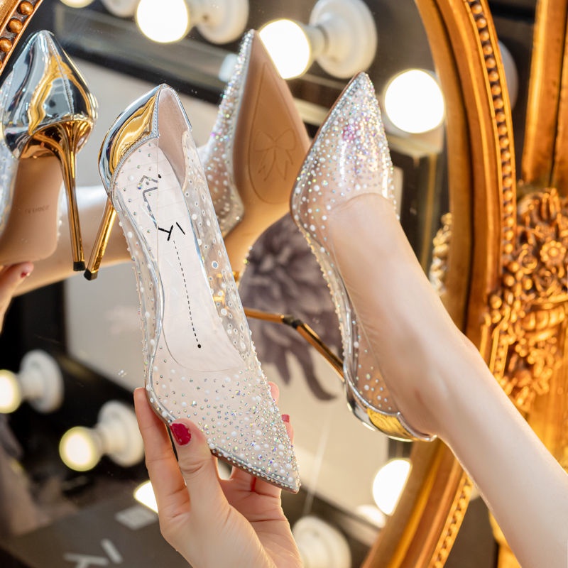 Banquet shoes 2022 new pointed toe high-heeled wedding shoes bow transparent stiletto sexy high-heeled shoe