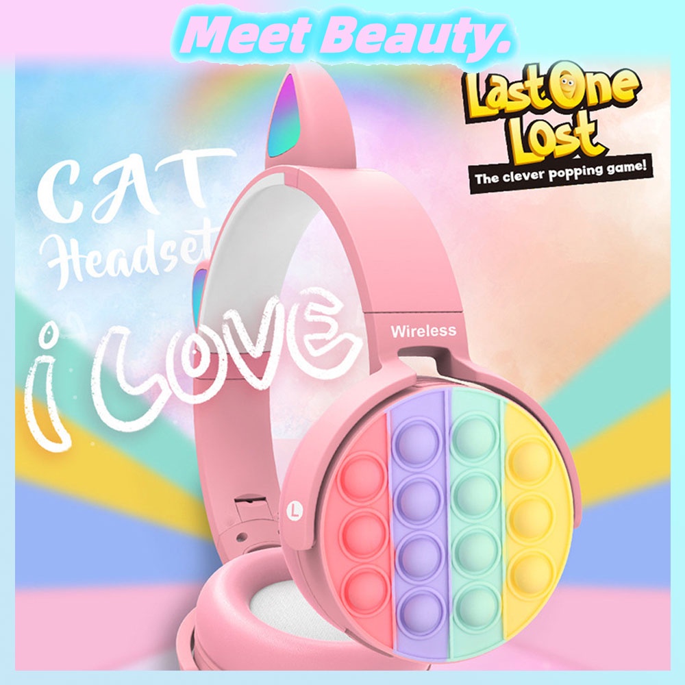 Pop It Headphones Wireless Cat Ear with Mic Bluetooth Light Stereo