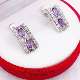 T6418 ต่างหูพลอยอเมทิสต์แท้ ( Amethyst ) แบบอิงลิชล็อค ตัวเรือนเงินแท้ 925 ชุบทองคำขาว