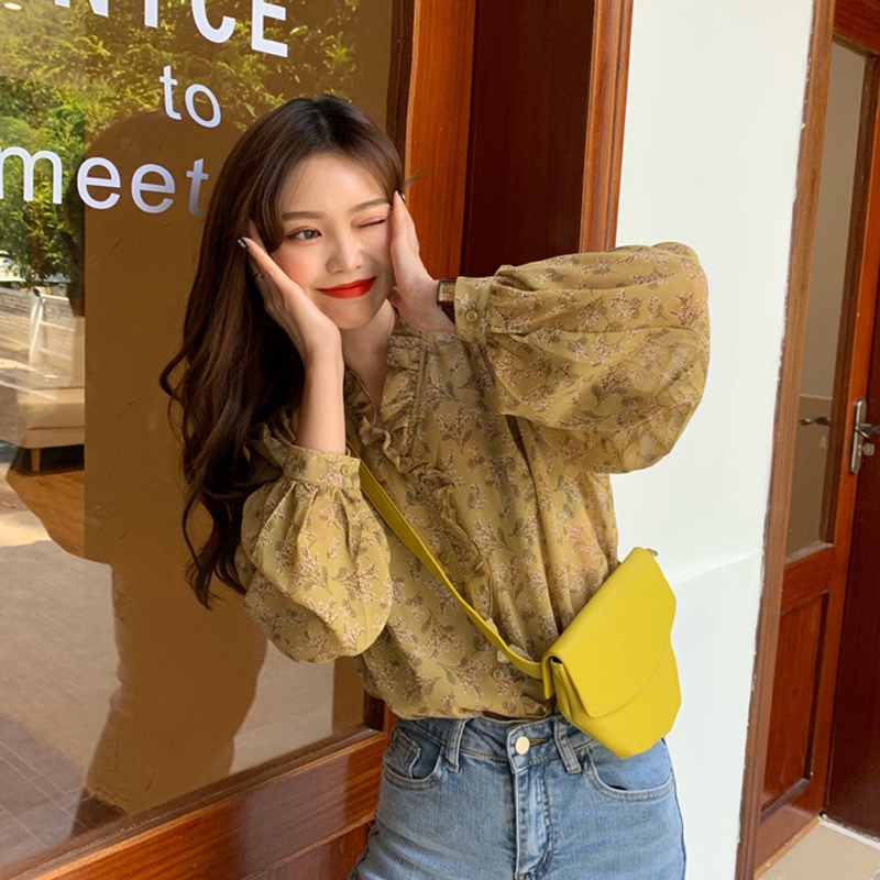 เสื้อเชิ้ตชีฟองคอวีสีเหลืองทำงาน เสื้อแขนยาวแขนพองลายดอกไม้ แฟชั่นผู้หญิง
