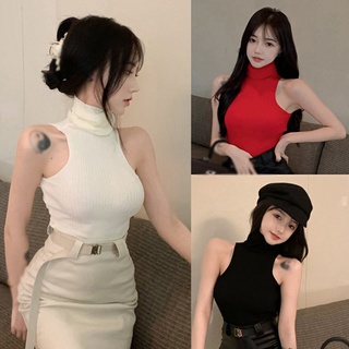 เสื้อกล้าม คอเต่า แขนกุด เข้ารูป สีพื้น เซ็กซี่ สําหรับผู้หญิง