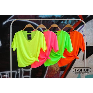 เสื้อครอป สีสะท้อนแสง นีออน คอวี ผูกเอวได้ เกรดเอ แบรนด์ T-shop