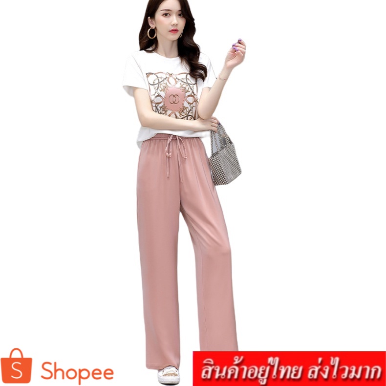 fashion ชุดเซท2 ชิ้น ผู้หญิง เสื้อยืดเเขนสั้นสกรีนด้านหน้า เเละ กางเกงขายาว รุ่น 870