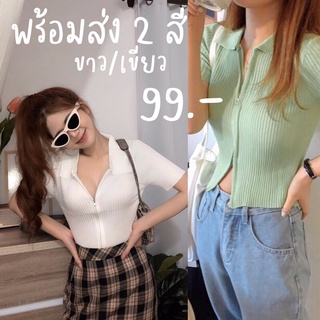 พร้อมส่ง 2สี : ขาว / เขียว เสื้อโปโลซิปผ่าหน้า รูดได้ 2 ฝั่ง ผ้ายืด