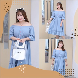 PMSWEET PLUSSIZE : PM4254 : พร้อมส่ง เสื้อผ้าไซส์ใหญ่ คนอ้วน สาวอวบ ชุดเดรสเปิดไหล่ ชุดเดรสสีฟ้า ชุดไปทะเล เอวยางย