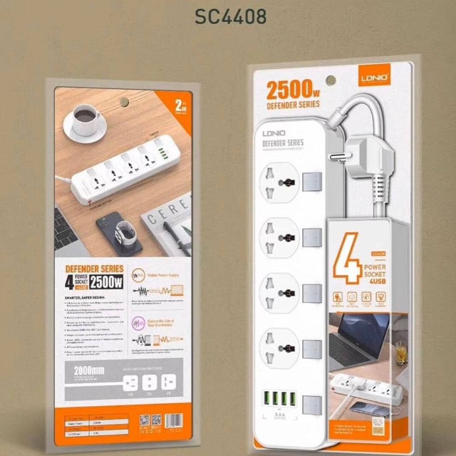 ปลักพ่วง LDNIO SC4408 รองรับไฟ2500W มาพร้อม USB 4ช่อง