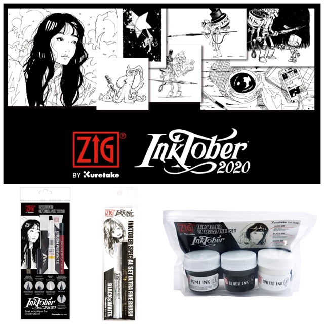 Inktober Set ปากกาหมึกวาดการ์ตูน Kuretake ของญี่ปุ่นพร้อมเส้นและหมึกสีขาว