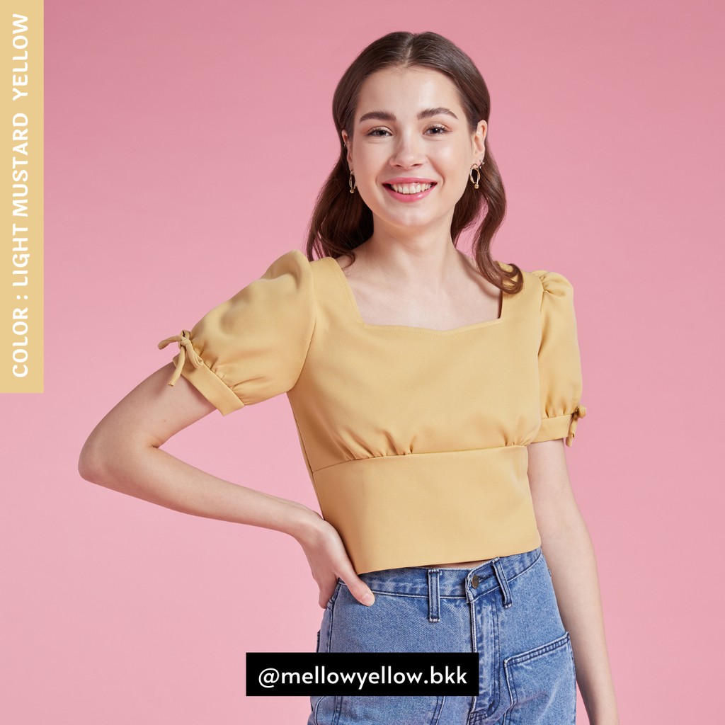 MY.BKK-เสื้อครอปคอหัวใจแขนตุ๊กตา อัดกาวทั้งตัว (Light Mustard Yellow)-Candy Puffed Sleeve Crop Top