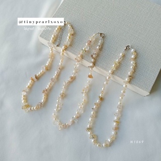 สร้อยหิน - ไข่มุกแท้ Natural Stone - Pearl Necklace งานแฮนด์เมด Handmade หินแตก สีธรรมชาติ Tinypearlxoxo N1069