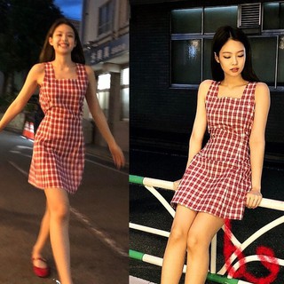 Blackpink Jennie Chic Red Plaid Strap ชุดเดรสสั้นลายสก็อตสไตล์เกาหลี Dress Korean เดรส Midi Skirt Sexy ชุดเดรส