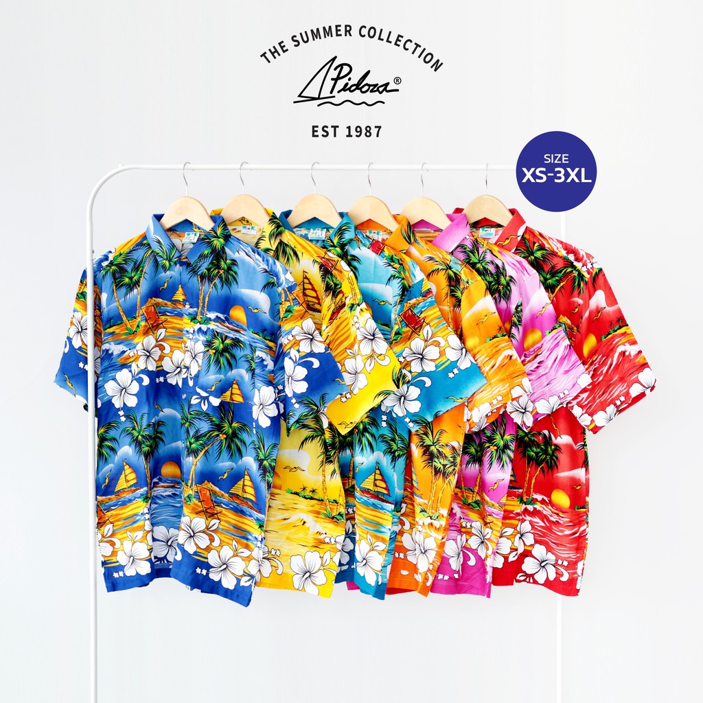 เสื้อสงกรานต์ Pidoza Hawaii พิมพ์ลาย Island แนววินเทจ ทรงหลวม ใส่สบาย ผ้าสปันเรยอน ไซส์ S-5XL
