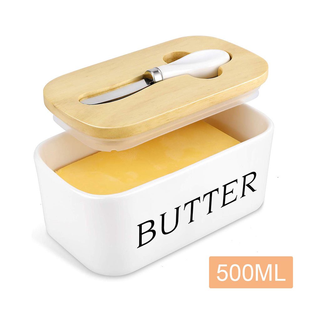 Ceramic Butter Dish Box Storage Tray Container w/ Bamboo Lid & Butter Cutter