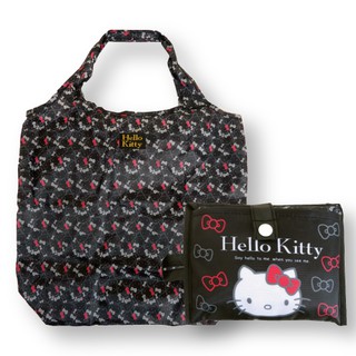 กระเป๋า Hello Kitty Eco Bag สีดำแดง ลาย Ribbon พับได้ พกพาสะดวก ขนาด 38 x 45 ซม. / ตอนพับ 13.5 x 18 ซม.