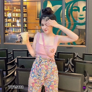 TW15488  Set 2 ชิ้น เสื้อกล้ามครอปอกสกรีนหน้าหมี ผ้าคอตตอน + กางเกงขากระบอกยาว ผ้าไหมอิตาลี่ พิมลายหมี แต่งขาด 1 ข้าง