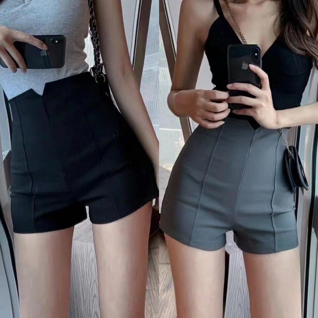 เสื้อผ้าพร้อมส่ง(ไซต์ M-2XL )สไตล์เกาหลีใหม่ กางเกงขาสั้นสตรี เอวสูง ทรงสลิม สีทึบกางเกงขาสั้น มี 8 สี (K8484)