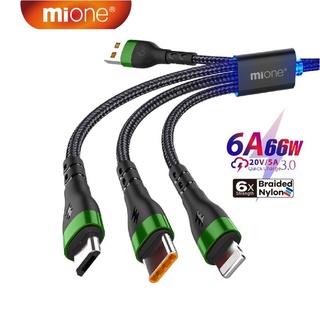 สายชาร์จ 3 หัว ชาร์ตเร็ว 66W Mione สายชาร์จ 3 in1 แบบ Super Fast Charger 6A สำหรับการชาร์จเร็ว สายเคเบิลข้อมูลโทรศัพท์มือถือ สายชาร์จแฟลช HUAWEI XIAOMI