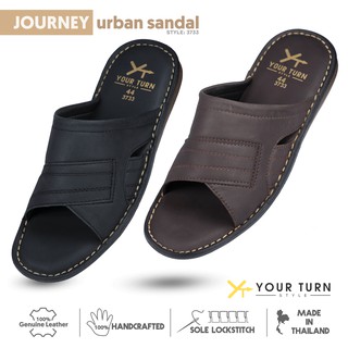 YourTurnStyle รุ่น Journey Urban Sandal 3733 [ดำ/น้ำตาล] รองเท้าแตะ หนังแท้ หนังนูบัคออยล์ แบบสวม เย็บขอบ (หนังวัวแท้)