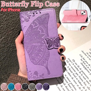 เคสโทรศัพท์กระเป๋าสตางค์สำหรับ ไอโฟน iPhone13 iPhone12 iPhone13Pro iPhone12Pro iPhone 13 12 Pro 13Pro 12Pro Max Mini โปรแม็กซ์  Flip Phone Case เคสขาตั้ง เคสกันกระแทกผีเสื้อ หนังพลิกปก เคสคู่รักที่สวยงาม