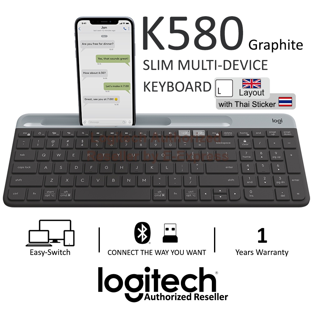 Logitech K580 Wireless Keyboard (Graphite) คีย์บอร์ดไร้สายสีดำ ของแท้ ประกันศูนย์ 1ปี แถมฟรี! สติกเกอร์ภาษาไทย