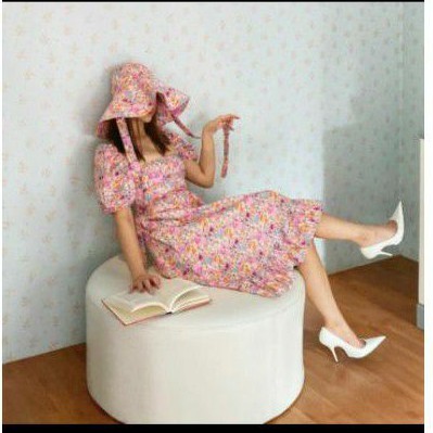 Flat2112 Olivia Dress with hat สีชมพู (S) ของใหม่