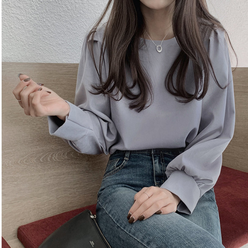 เสื้อเชิ้ตวินเทจสีพื้นทำงาน เสื้อ แขนยาวเกาหลีผู้หญิงแขนพอง