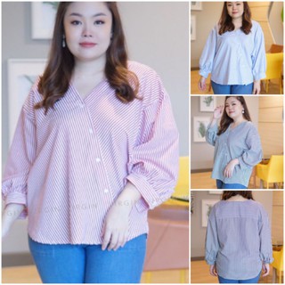 เสื้อเชิ้ต คอวี กระดุมป้าย ลายทาง อก 42"-52" เสื้อสาวอวบ Big Size