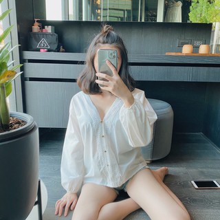 เสื้อเชิ้ตคอวีกระดุมเหล็ก 📌พร้อมส่ง