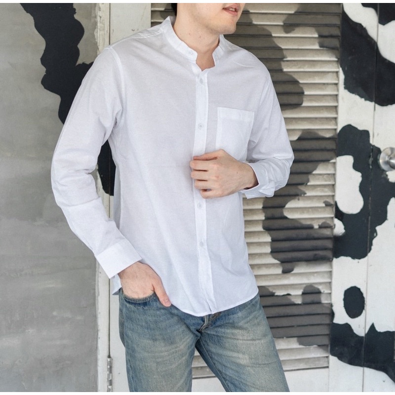 เสื้อเชิ้ตคอจีน สีขาวแขนยาว
