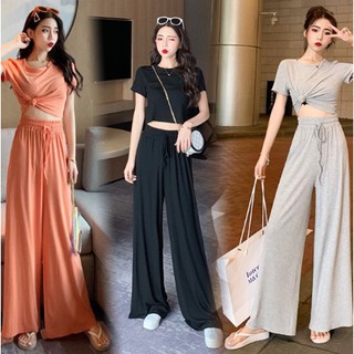 TNBcoco2 ชุดเซทแฟชั่นผุ้หญิง เกาหลี เสื้อแขนสั้นเอวลอย+กางเกงขากว้าง ชุดสปอร์ต งานเซ็ท ชุดวอร์ม ชุดออกกำลังกาย สีพื้น345
