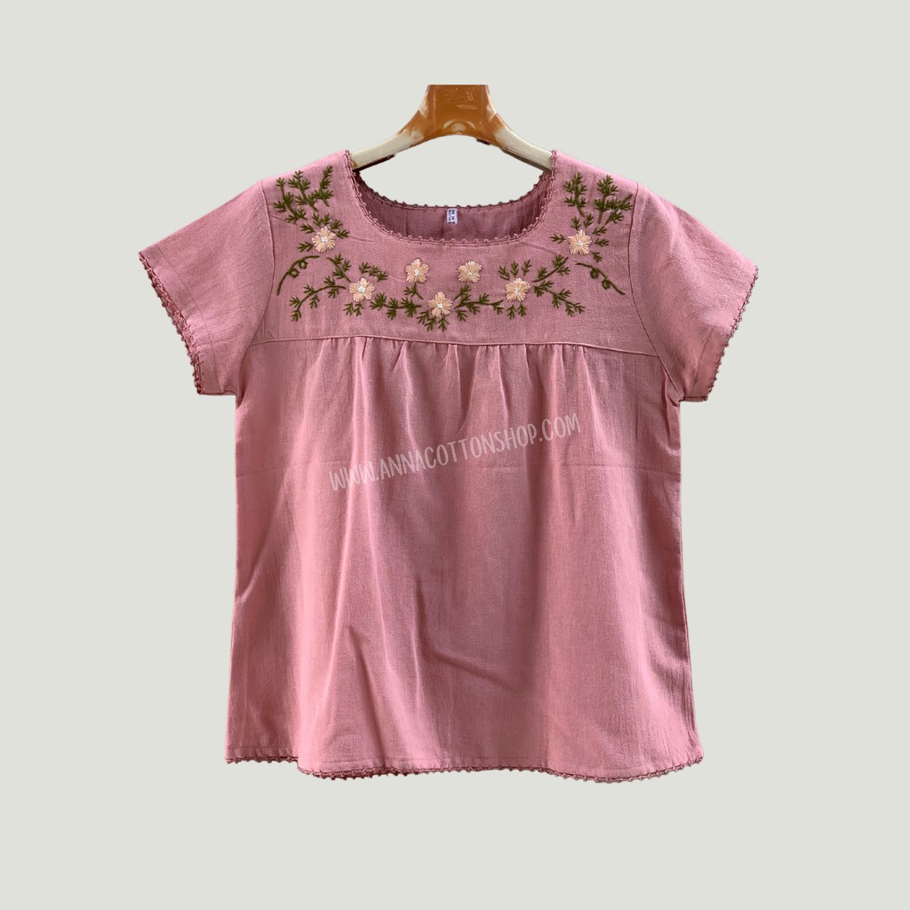 เสื้อผ้าฝ้ายผู้หญิง สวมใส่ง่ายสบายๆ งานปักมือน่ารัก งานถักโครเชต์ คอยูแขนสั้นใส่ทำสวน ปลูกดอกปลูกต้นไม้เข้าครัว รูปที่ 4