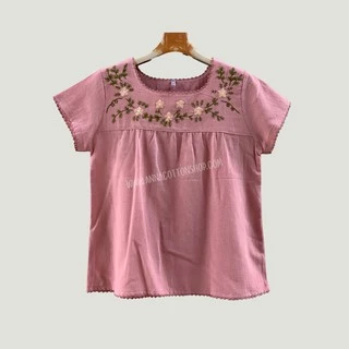 เสื้อผ้าฝ้ายผู้หญิง สวมใส่ง่ายสบายๆ งานปักมือน่ารัก งานถักโครเชต์ คอยูแขนสั้นใส่ทำสวน ปลูกดอกปลูกต้นไม้เข้าครัว