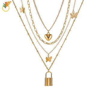 【COD Tangding】Multi-Layer Retro Necklace Love Lock Butterfly Pendant Girls Personality Necklaces