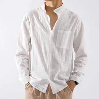 เสื้อเชิ้ตผู้ชายแขนยาว คอจีน ผ้าฝ้ายลินิน สีพื้น ระบายอากาศดี ทรงหลวม ไซซ์ M-3XL