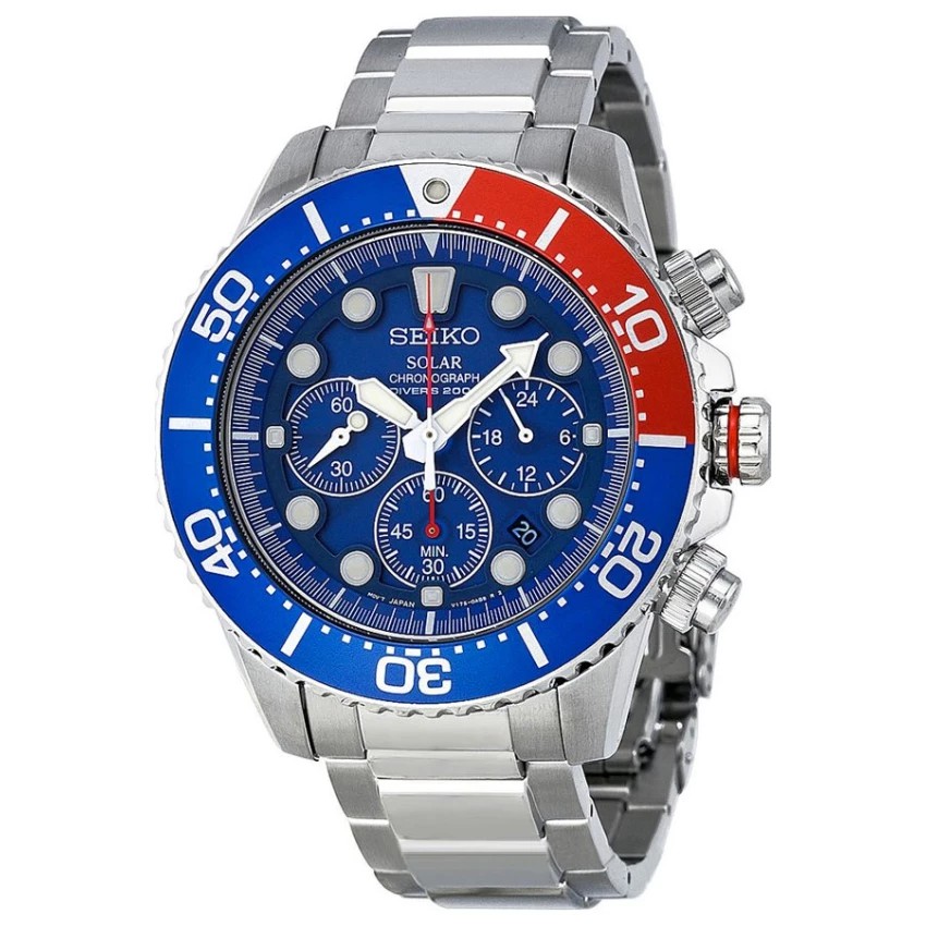 Seiko นาฬิกาผู้ชายSolar Sport Chronograph หน้าปีดน้ำเงินสายสแตนเลสรุ่นSCC019P1