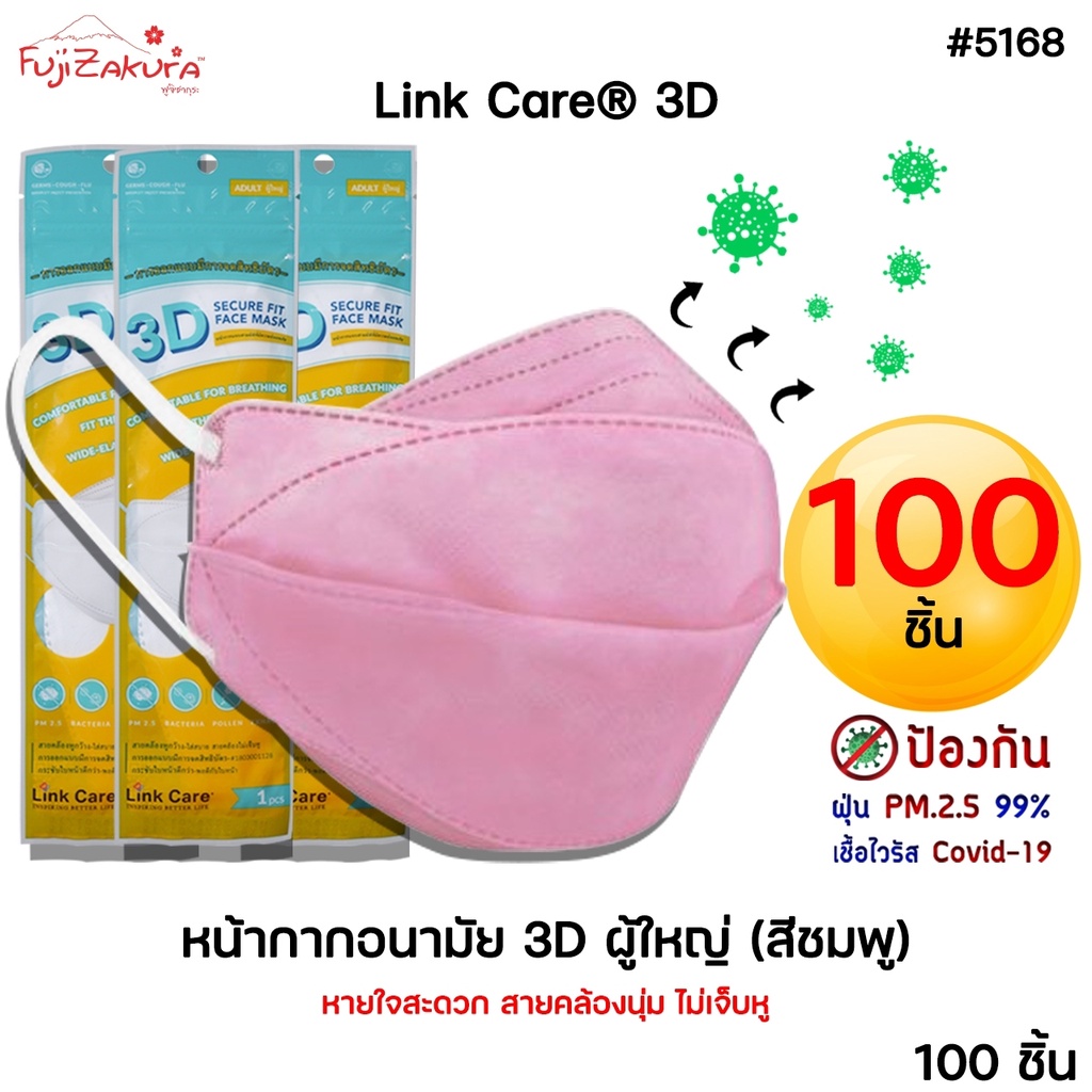 *100 ชิ้น* หน้ากากอนามัย 3 มิติ ผู้ใหญ่ สีชมพู Link Care 3d Mask หน้ากากอนามัยป้องกันไวรัสและฝุ่นPM 2.5 ลิ้งค์แคร์