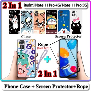 2 IN 1 เคส Xiaomi Redmi Note 11 Pro 4G Note 11 Pro 5G เคส พร้อมกระจกนิรภัย โค้ง เซรามิก ป้องกันหน้าจอ การออกแบบแมวและโดราเอมอน