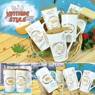 แก้ว Vintage Stlye ฝาปิดไม้ เซรามิกทนความร้อน กาแฟ มีช้อนและฝาปิด