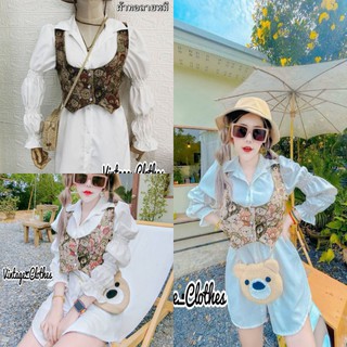 Set 2 pcs Minidress เเขนจั๊ม+เสื้อกั๊ก ผ้าทอ ลายหมี