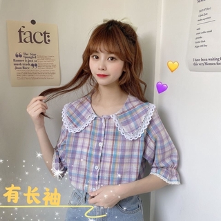 ~เสื้อคอตุ๊กตาหญิงหวานลูกไม้เกาหลีลายสก๊อตเย็บเสื้อนักเรียนแขนสั้นbbrผู้หญิงเสื้อเสื้อ