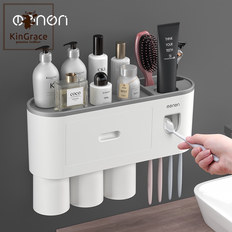 KinGrace-กล่องเก็บยาสีฟัน ที่บีบยาสีฟันอัตโนมัติแถมแก้ว เป็นชั้นวางของในตัว ชั้นวางของห้องน้ำไม่ต้อง