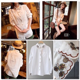 440.- ส่งฟรี🍒 :::japanese fabric embroidery shirt with woodies button:::