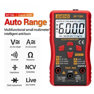 Aneng M118A เครื่องทดสอบมัลติมิเตอร์ดิจิทัล อัตโนมัติ ขนาดเล็ก พร้อมไฟฉาย NCV 6000 ครั้ง