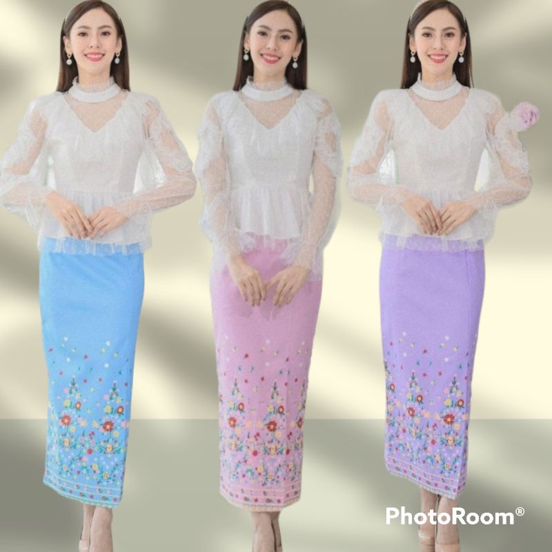 ชุดไทยจิตรลดา(รุ่นใหม่ดาวิกา)ชุดset 2ชิ้นเสื้อลูกไม้+ผ้าถุงสำเร็จทรงจิตรดาผ้าไหมญี่ปุ่นลายไทย ชุดทำง