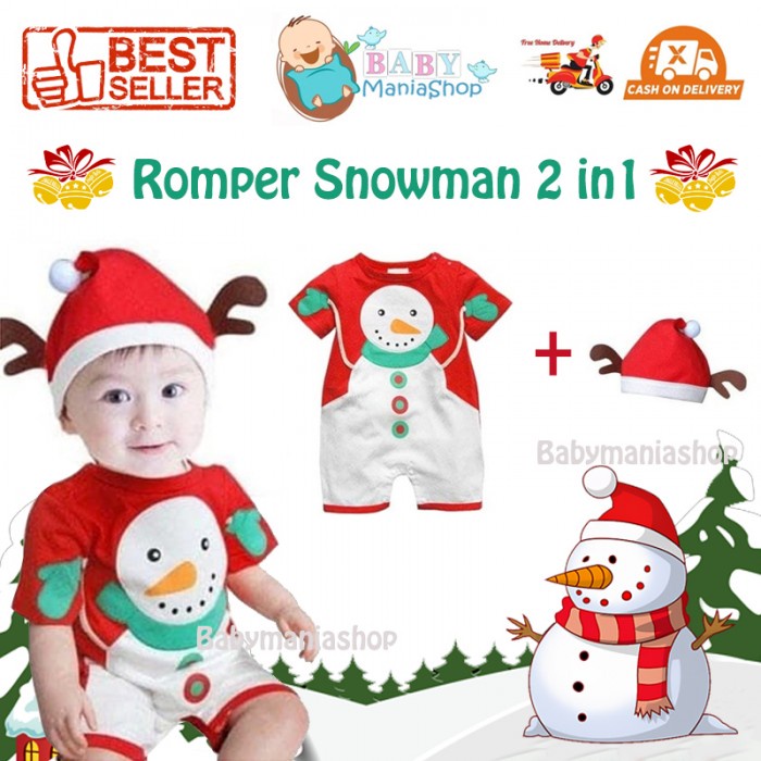 Romper Snowman 2in1 คริสต์มาส Romper ชุดหมวก 2in1 เสื้อผ้าเด็กคริสต์มาส Santa Snow ตุ๊กตา Santas Lit