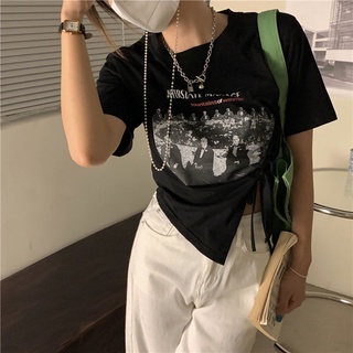 เสื้อยืดแขนสั้น คอกลม พิมพ์ลาย ทรงไม่สมมาตร สําหรับผู้หญิง