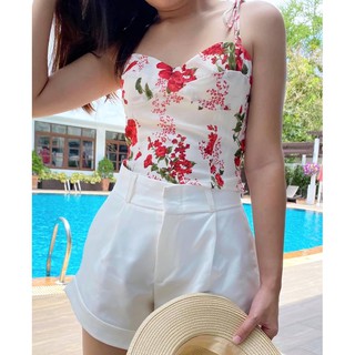 ลดล้างสต้อค ❤️‍🔥❤️‍🔥 เสื้อสายเดี่ยวผูกไหล่ เสื้อครอปสายเดี่ยว Hibiscus crop🌺