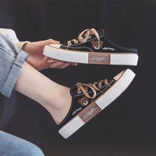 ♕Half-supported Bear Canvas Shoes Women No Heel Summer รองเท้าแตะผู้หญิงเดินแบบก้าวเดียวรุ่น Wild 2019 เวอร์ชั่นเกาหลี