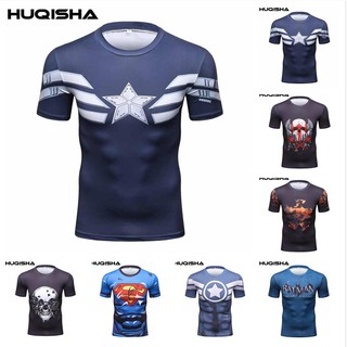 ใหม่เสื้อยืดลําลองสําหรับผู้ชายแขนสั้นลาย Compression Captain America เหมาะกับการเล่นฟิตเนสออกกําลังกาย