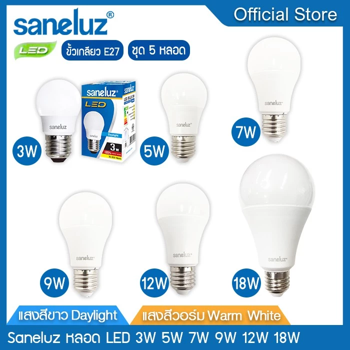Saneluz 5 หลอด ไฟ LED Bulb 3W 5W 7W 9W 12W 15W 16W 18W 20W 30W 50W ขั้วE27 แสงขาว-วอร์ม AC220V led